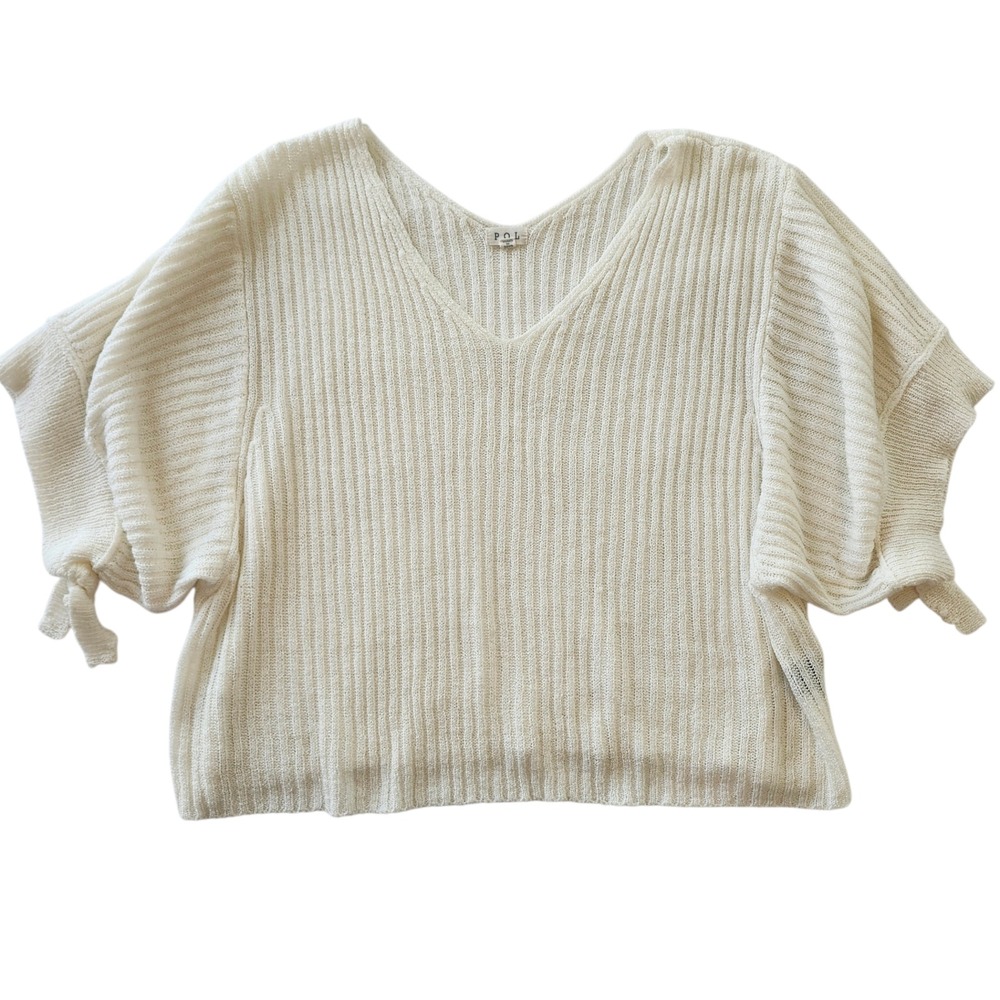 POL Cream Ribbed V-Neck Dolman Sleeve knit Sweater Top Shirt Blouse Women Medium - Picture 1 of 5